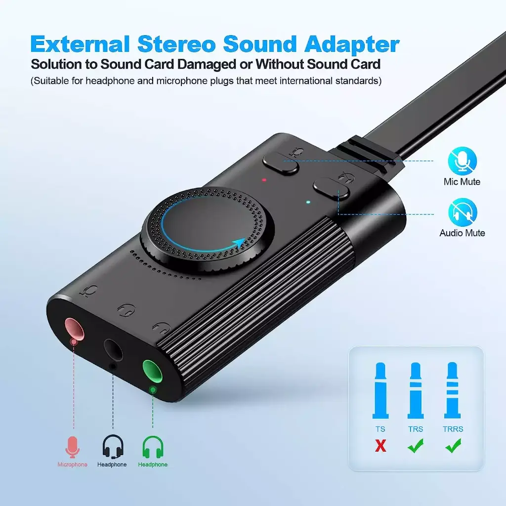 TechRise External USB Sound Card with Volume Control