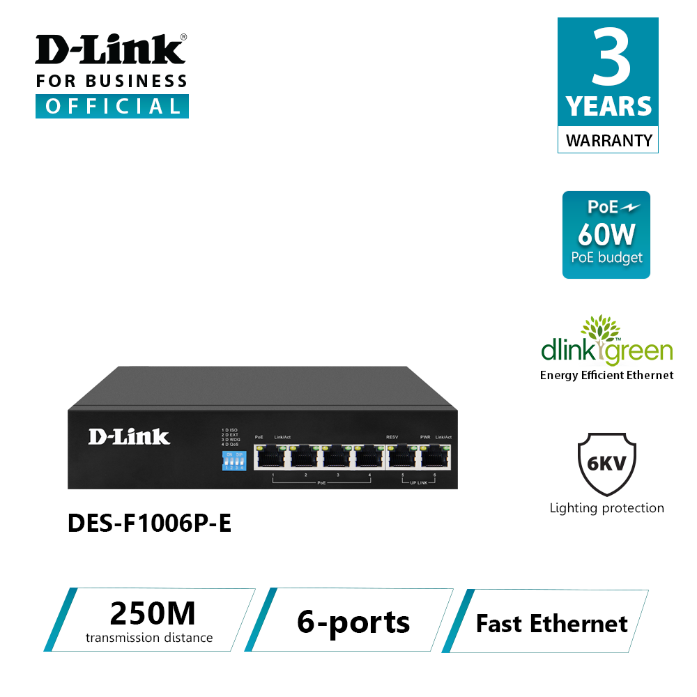 D-Link DES-F1006P-E Unmanaged Desktop PoE Switch 4 Port 10/100Mbps + 2 Port 10/100Mbps Uplink
