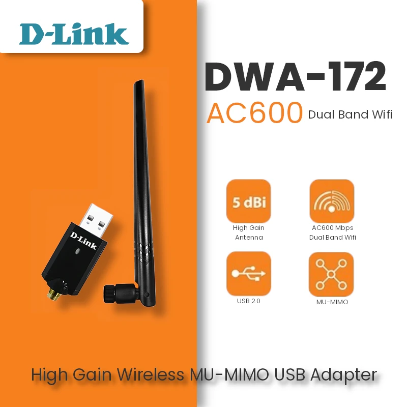 D-Link DWA-172 High-Gain Wi-Fi AC600 USB 2.0 Wireless Adapter with External Antenna , Black