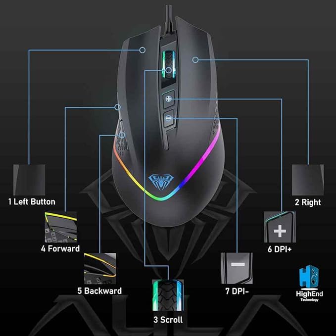 Aula F805 Programmable USB Gaming Mouse With Rainbow Backlight For PC
