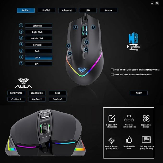 Aula F805 Programmable USB Gaming Mouse With Rainbow Backlight For PC
