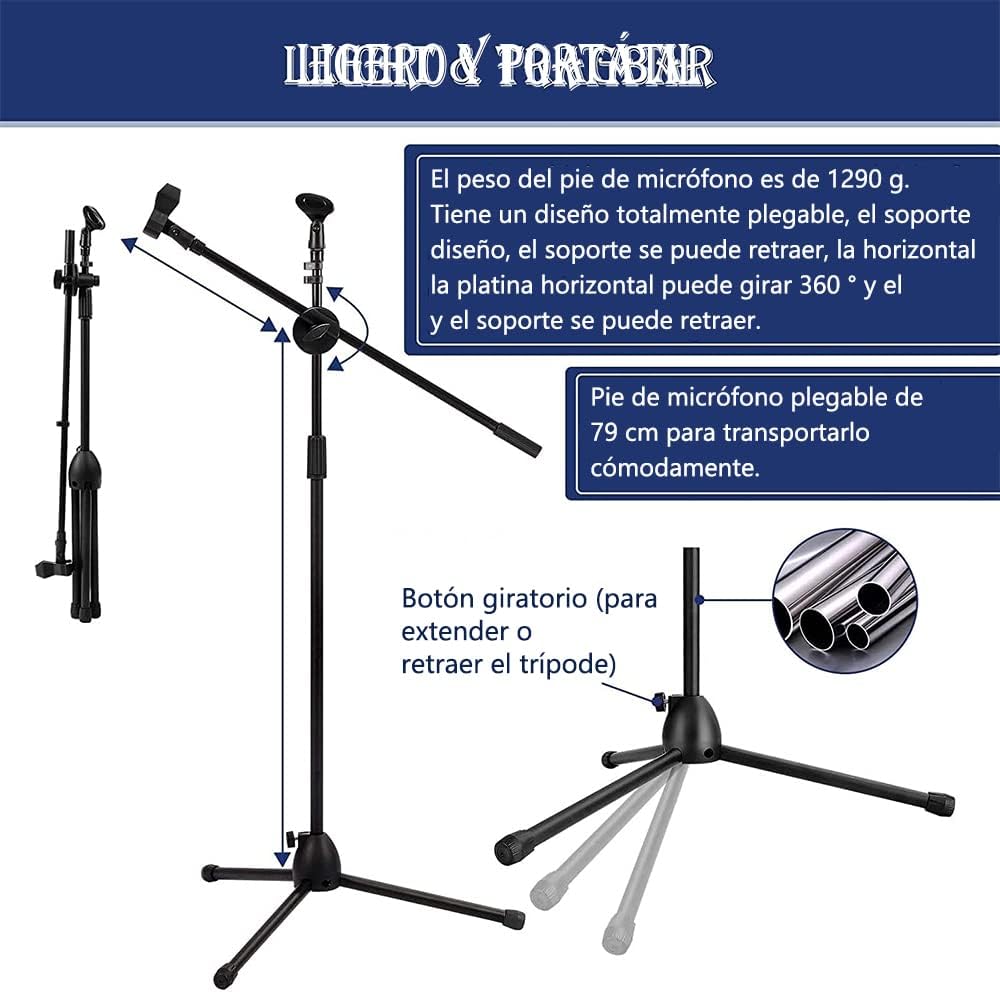 Microphone Stand, with Two Clips for Microphones Folding and Adjustable Microphone 