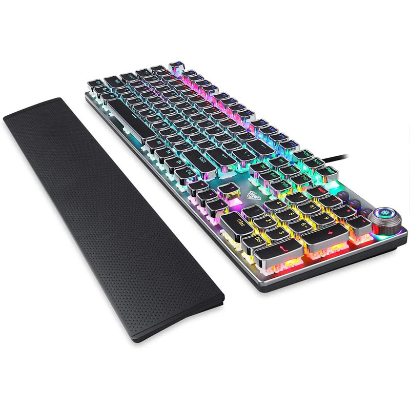 Aula F2088 WIND Full Gaming Mechanical Keyboard – BLUE Switches - Rainbow LED Backlit - EN 104 PBT Keycaps and Metal Panel - Multimedia Control Knob & Wrist Rest - Software Silver/Black