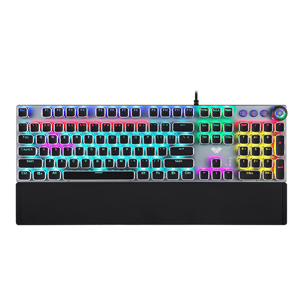 Aula F2088 WIND Full Gaming Mechanical Keyboard – BLUE Switches - Rainbow LED Backlit - EN 104 PBT Keycaps and Metal Panel - Multimedia Control Knob & Wrist Rest - Software Silver/Black