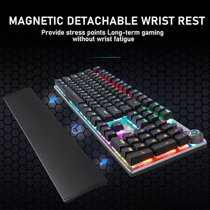 Aula F2088 WIND Full Gaming Mechanical Keyboard – BLUE Switches - Rainbow LED Backlit - EN 104 PBT Keycaps and Metal Panel - Multimedia Control Knob & Wrist Rest - Software Silver/Black