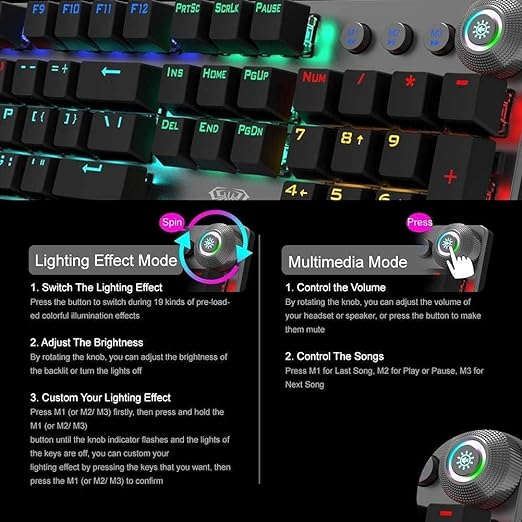 Aula F2088 WIND Full Gaming Mechanical Keyboard – BLUE Switches - Rainbow LED Backlit - EN 104 PBT Keycaps and Metal Panel - Multimedia Control Knob & Wrist Rest - Software Silver/Black