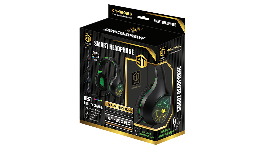 Gaming Stereo Led Light Headphone 3.5mm with Mic For PC / Mobile / PS4 / Xbox One / Switch - Green/Black GM3502LG