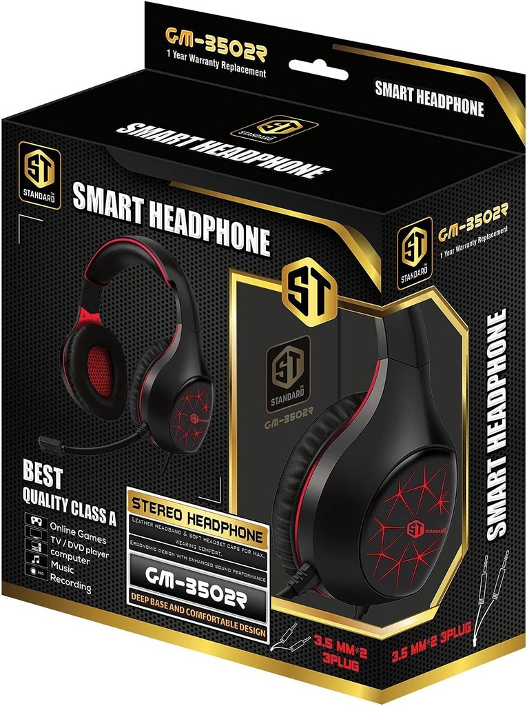 ST-Standard GM-3502R Gaming Stereo Headphone 3.5mm with Mic For PC / Mobile / PS4 / Xbox One / Switch - Red/Black, Wired 