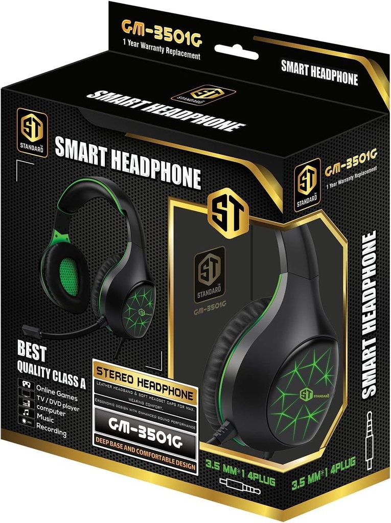 ST-Standard GM-3501G Gaming Stereo Headphone 3.5mm with Mic For PC / Mobile / PS4 / Xbox One / Switch - Green/Black, Wired 