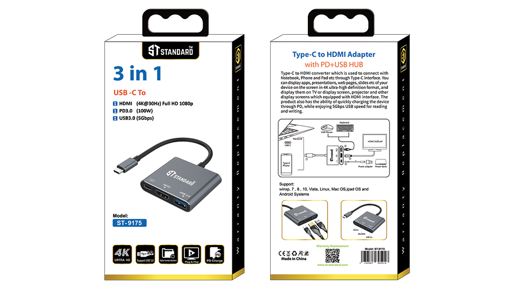 HUB ST-9175 3 in 1-USB-C To HDMI (4K@30Hz) + (USB3.0+PD3.0( 1- HDMI*1 (4K@30Hz) Full HD 1080p 2- USB3.0*1 3- PD3.0*1 (100W)