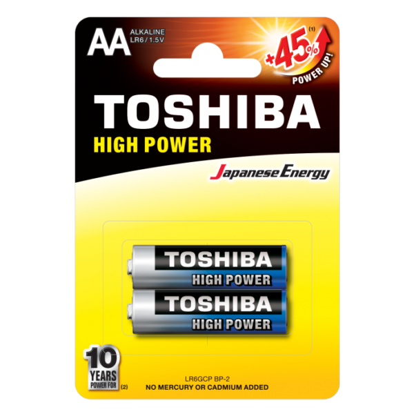 Toshiba LR6GCP BP-2 High Power AA Alkaline Batteries, 1.5 V, 2 Pieces 