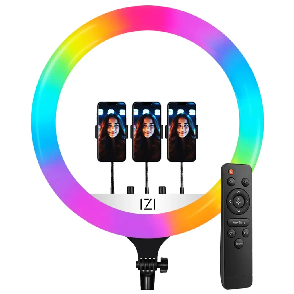 Ring Light jj-45 18 inch LED RGB 360 Degree Rotating Soft Ring LED Live Streaming Ring 2700K-6500K with 3 Phone Holders, Remote Control