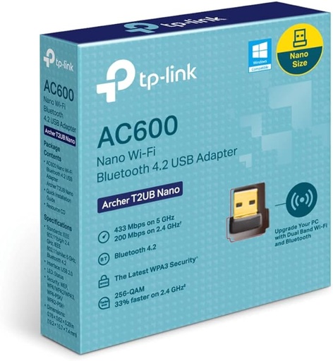 TP-Link Archer T2UB Nano AC600 USB 2.0 Wi-Fi Bluetooth 4.2 USB Adapter | Dual Band Wireless 600 Mbps