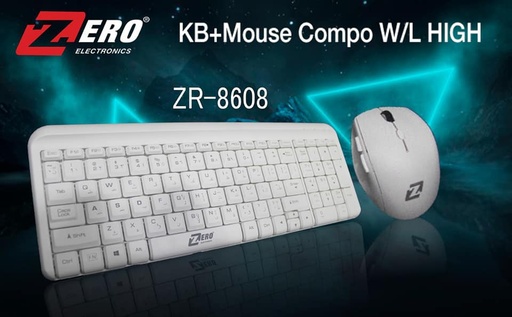 KEYBOARD + MOUSE ZERO WIRELESS COMBO ENGLISH & ARABIC Model - ZR-8608 White