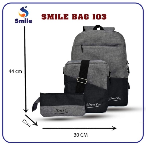 Smile 3*1 15.6 Inch Laptop Everyday Backpack With USB Charging Port With Handbag - Black & Gray 