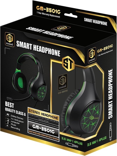 ST-Standard GM-3501G Gaming Stereo Headphone 3.5mm with Mic For PC / Mobile / PS4 / Xbox One / Switch - Green/Black, Wired 