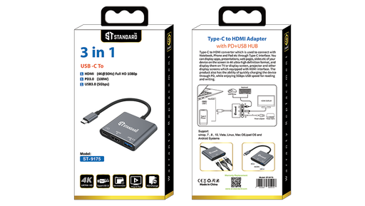 HUB ST-9175 3 in 1-USB-C To HDMI (4K@30Hz) + (USB3.0+PD3.0( 1- HDMI*1 (4K@30Hz) Full HD 1080p 2- USB3.0*1 3- PD3.0*1 (100W)